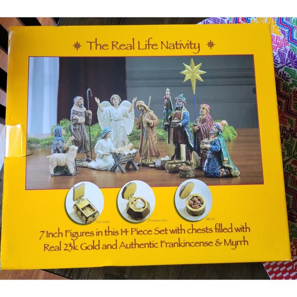 Three Kings Gifts Real Life Nativity 7 inch 14 Pc Set w/ Authentic Gifts in Box - Picture 2 of 6